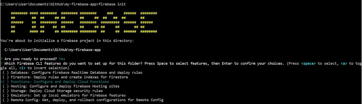 Firebase init selection screen