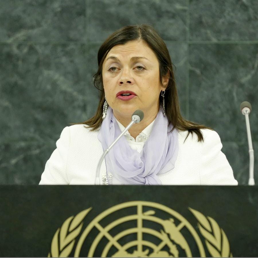 A picture of Maria Soledad Cisternas speaking before the UN. Photo courtesy of UCLGCongress