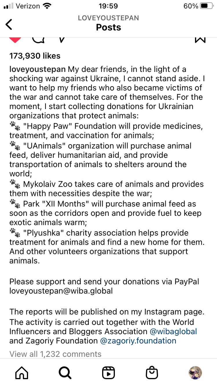 Screen shot of places to help the animals suffering from the war
