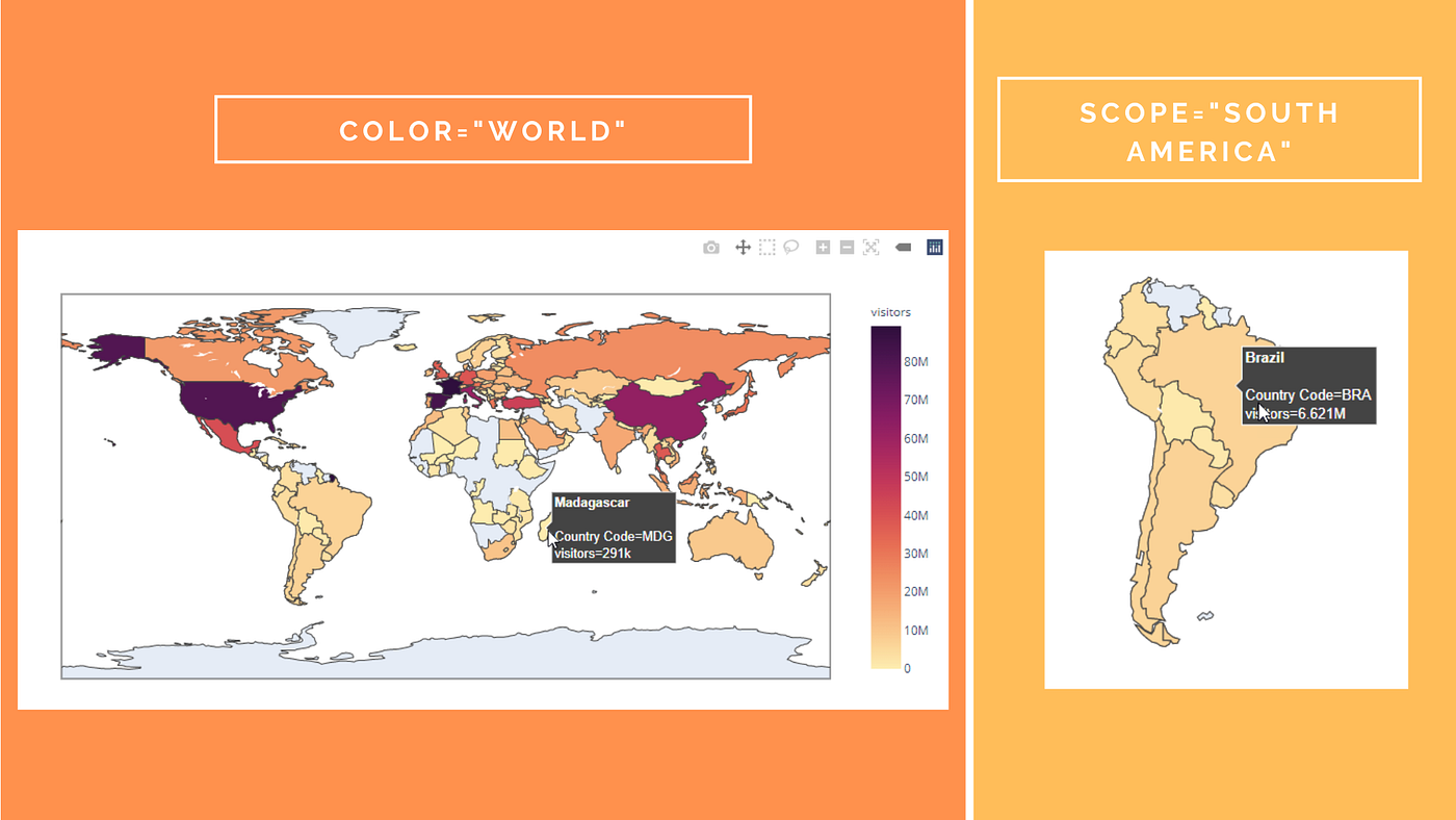 Scope and color parameters of the choropleth chart in Plotly Express