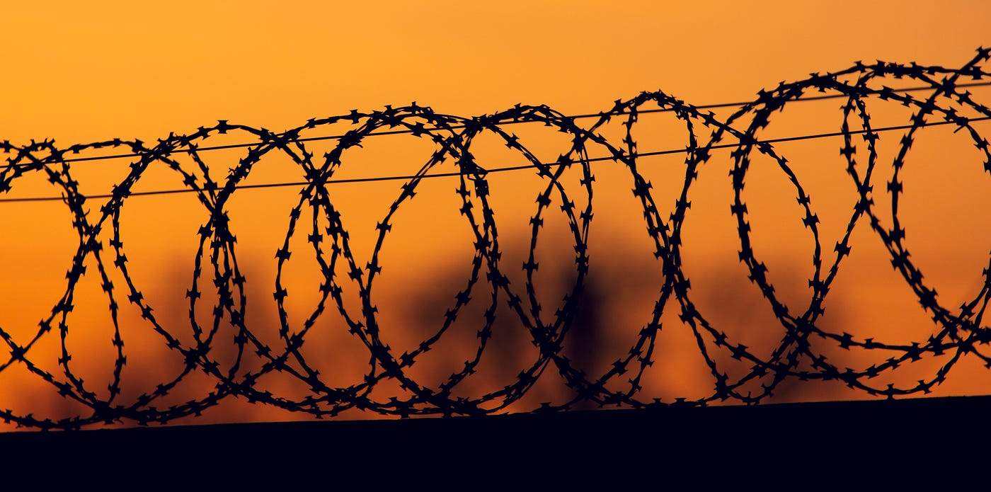 image of barbed wire coils in the sunset
