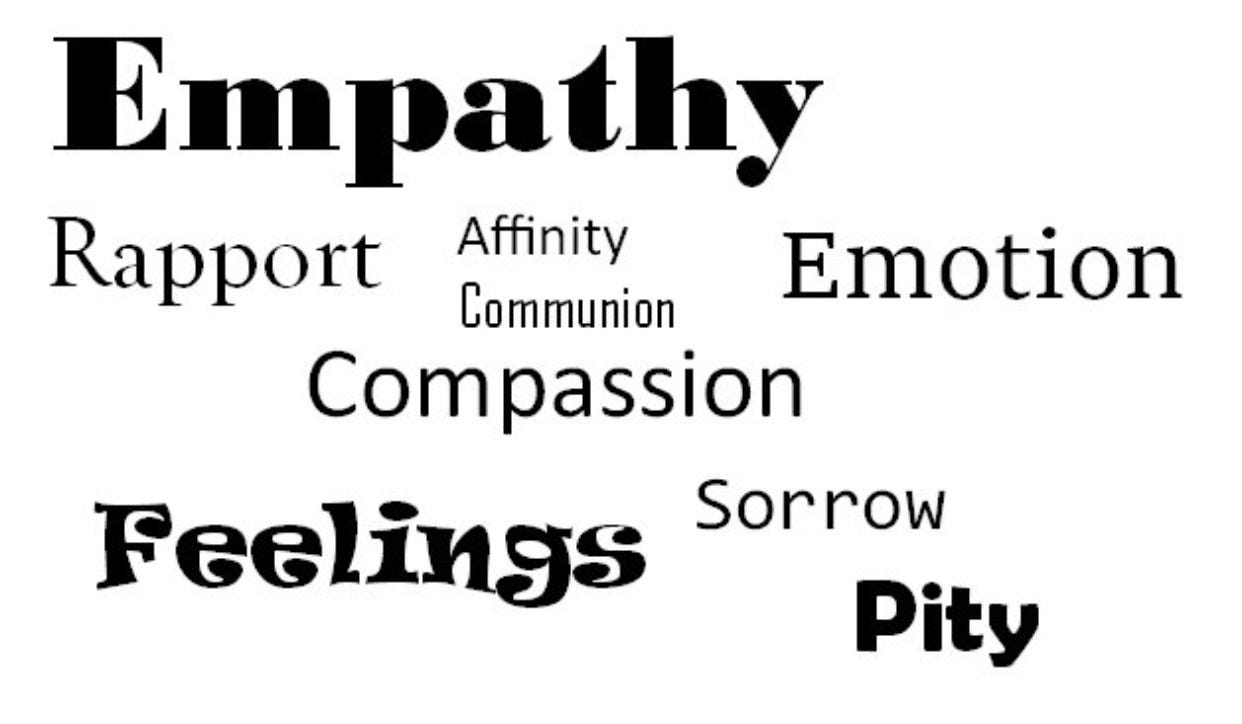 Wordcloud of words like Empathy, rapport, compassion, emotion, affinity and pity