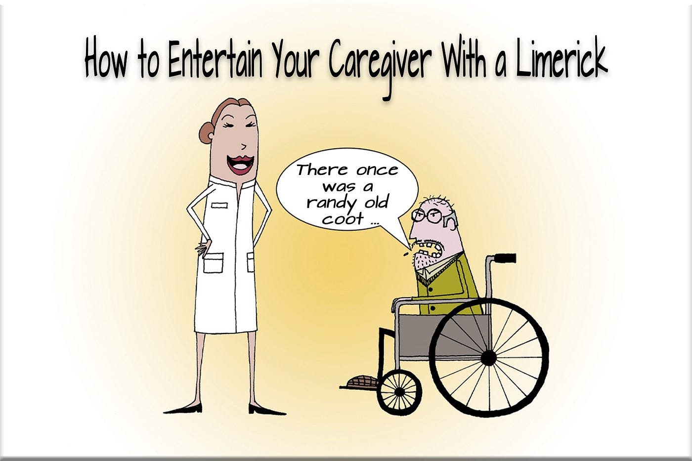 Cartoon — Old man in wheelchair is making nurse laugh
