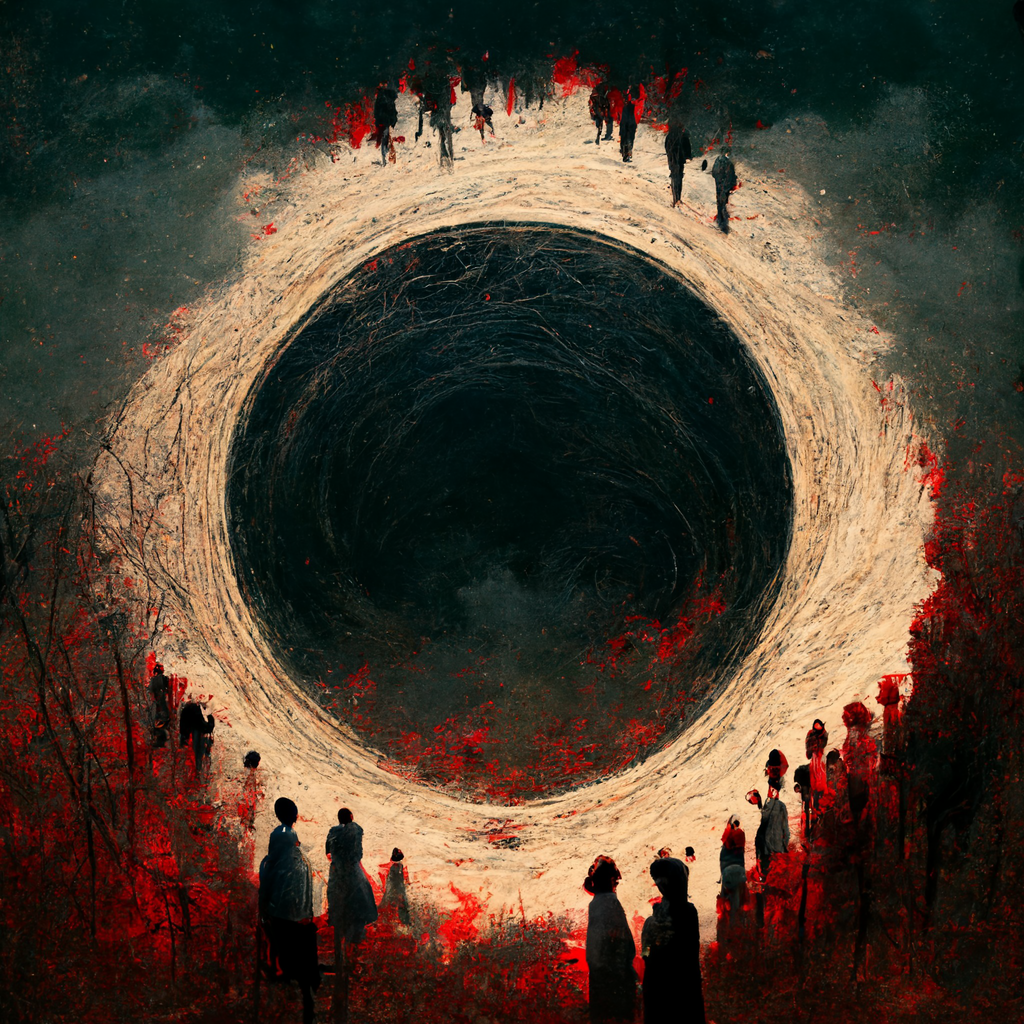 A dark black and red void, surrounded by a sandy circle. Shapes of people in black and red surround it, fading into a chaos of red and black noise.