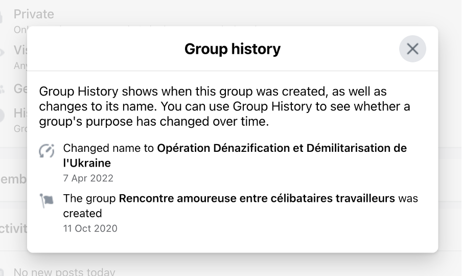 Group history data shows that the group was originally created for “dating between working singles” and, on April 7, changed tack and became politically motivated. (Source: Facebook/archive)