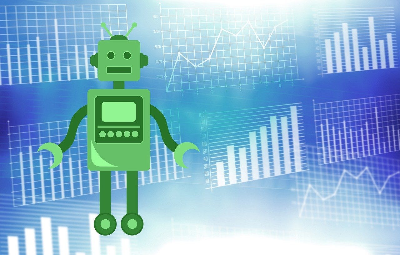 IMAGE: A green robot on a blue background filled with financial charts
