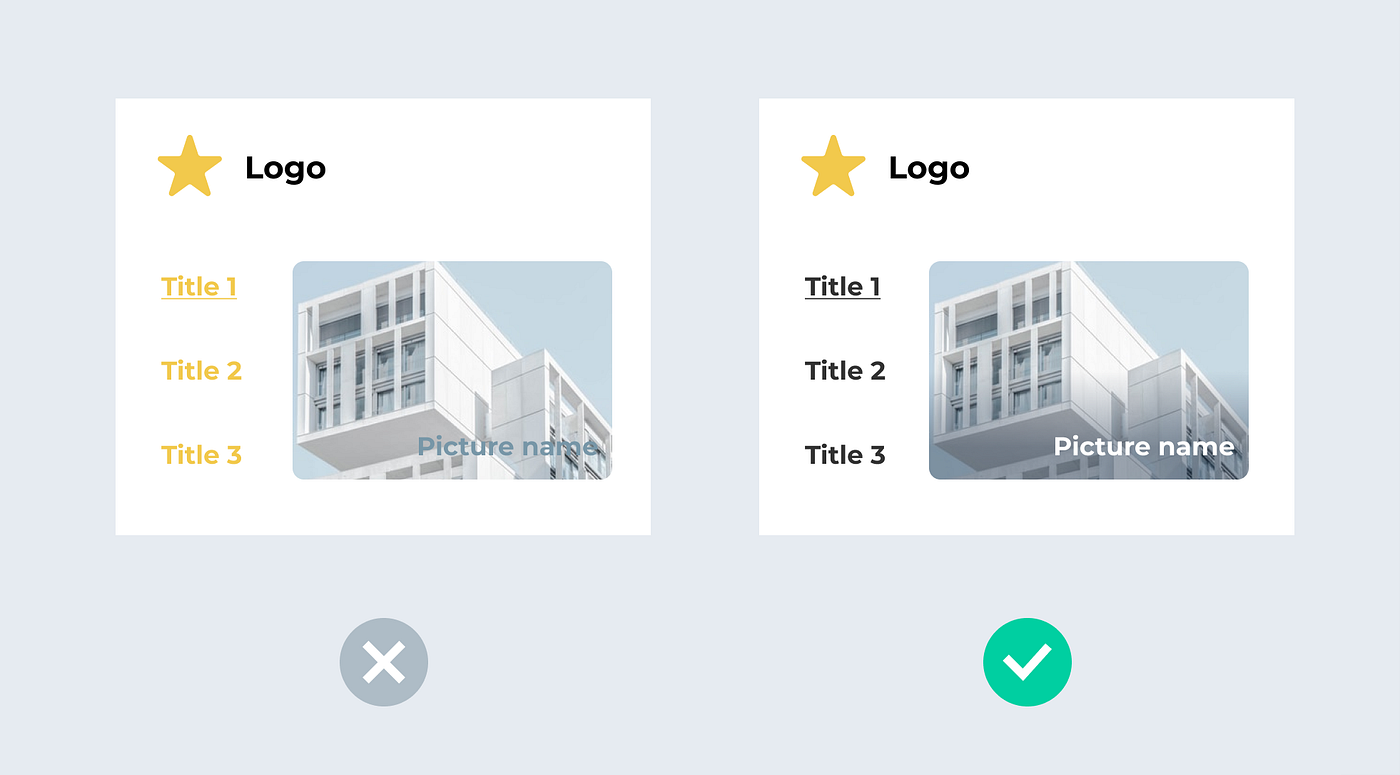 Lemon yellow text is not accessible. Text on pictures needs a gradient background to make it readable.