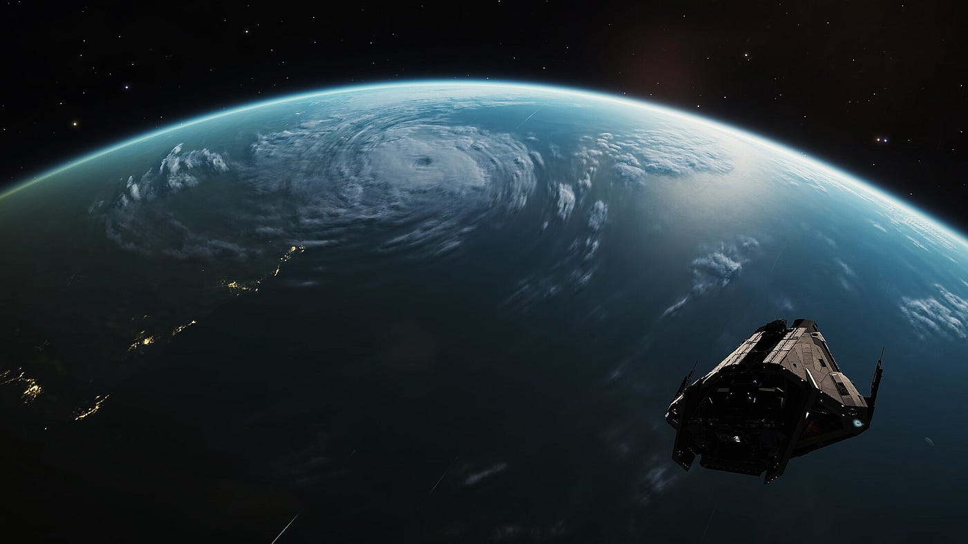 portion of the earth’s surface with a space ship in the corner of the photo