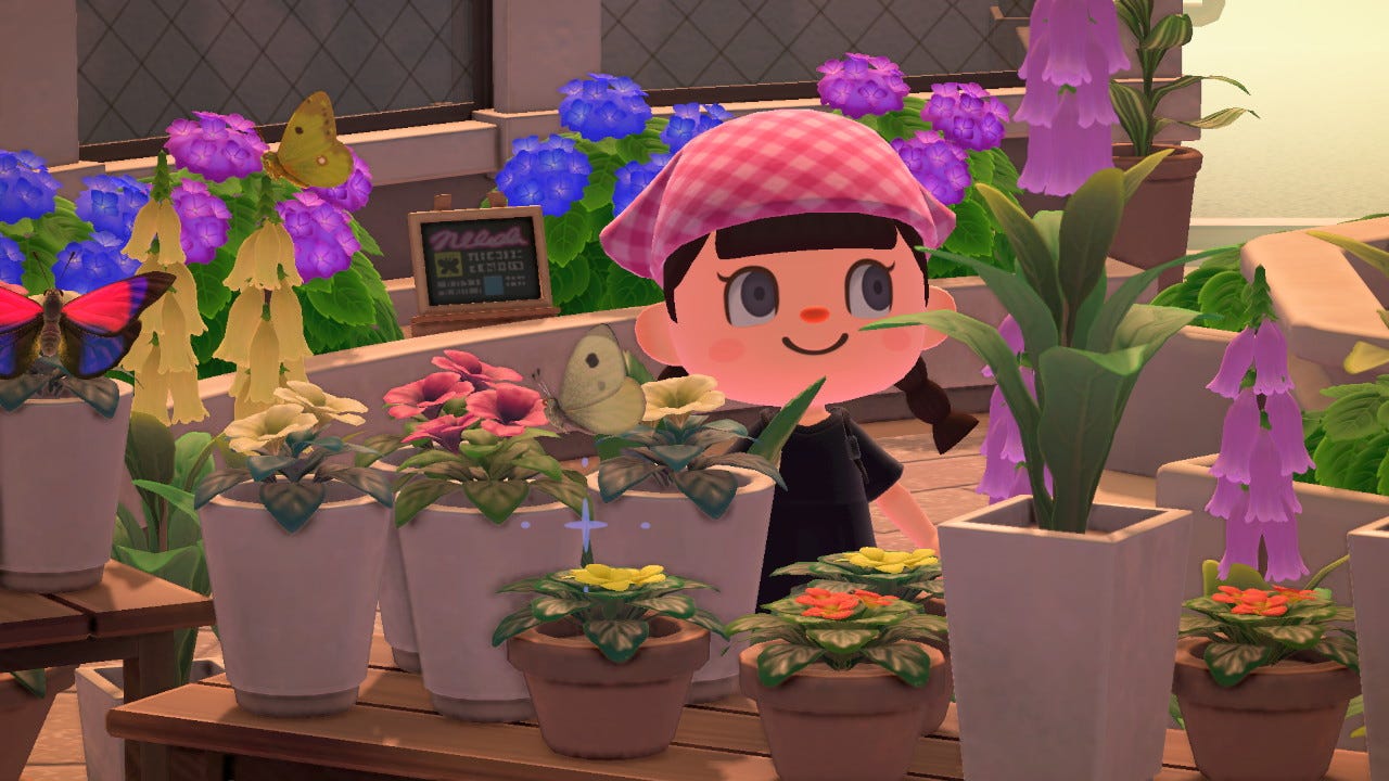 Beth’s character stands amid lots of plants, a lime green butterfly perched on one of the flowers.