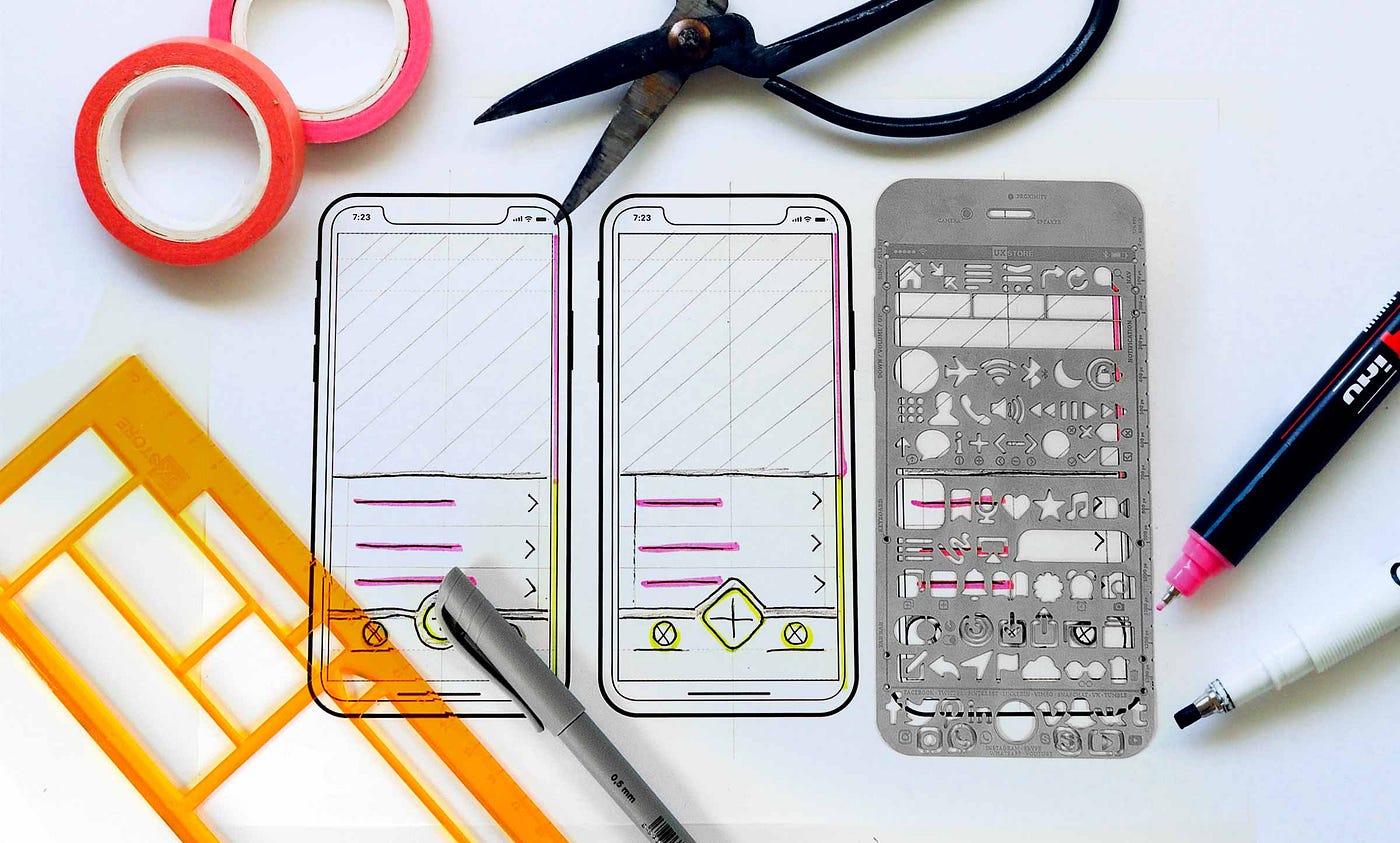 Three hand drawn phones, one with a stencil of symbols laying on it, are surrounded by school supplies on a white background.