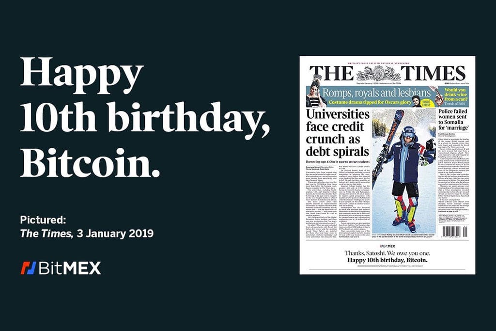 El exchange BitMex celebró los 10 años del lanzamiento de la red de Bitcoin con un anuncio en la portada de The Times.