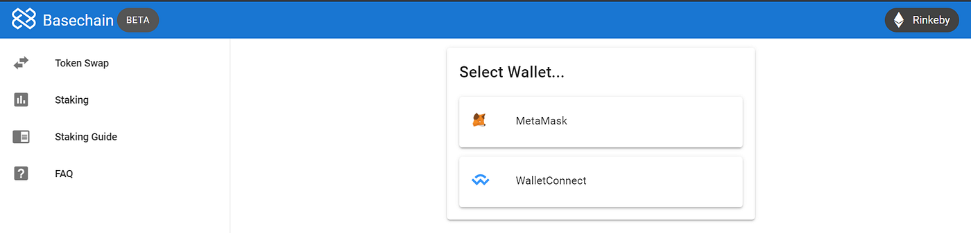 Wallet selection page on the new dashboard