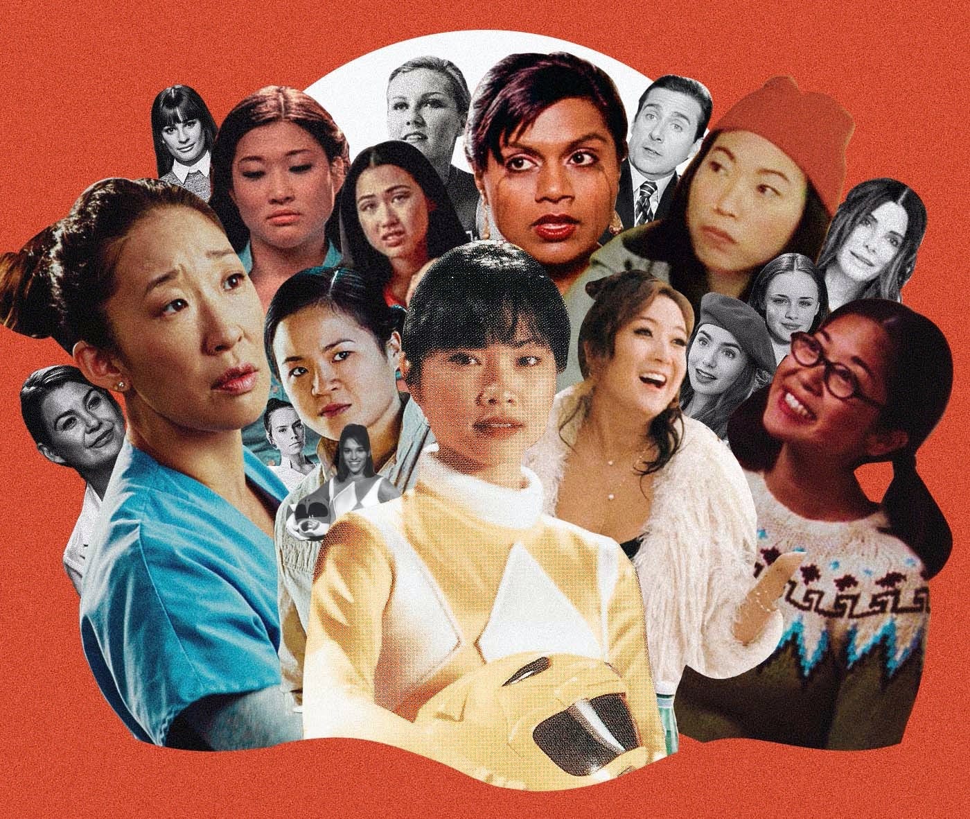 Collage of Asian supporting characters from pop culture next to the white main characters.