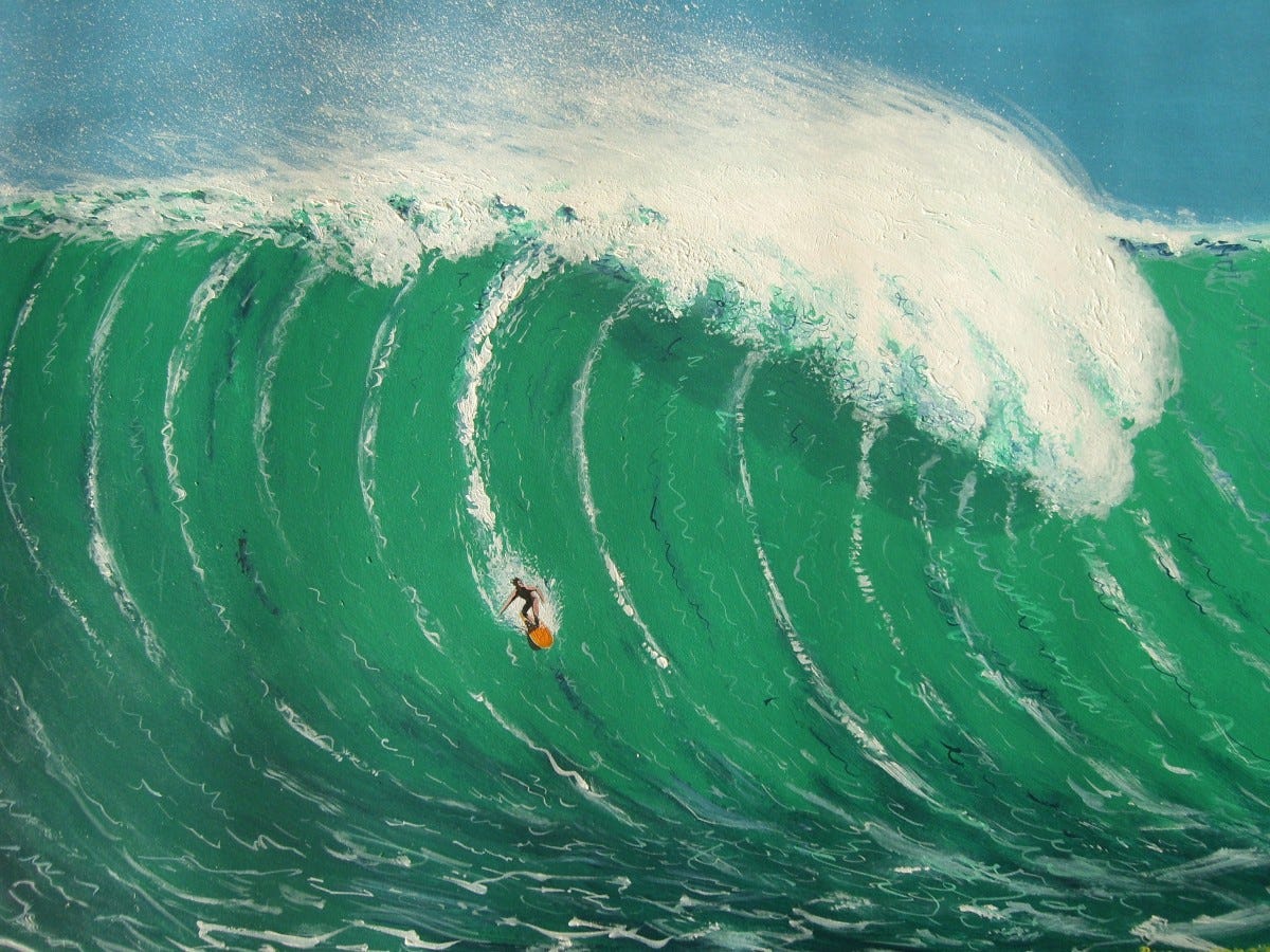 Painting of surfer surfing the middle of a giant blue-green wave.