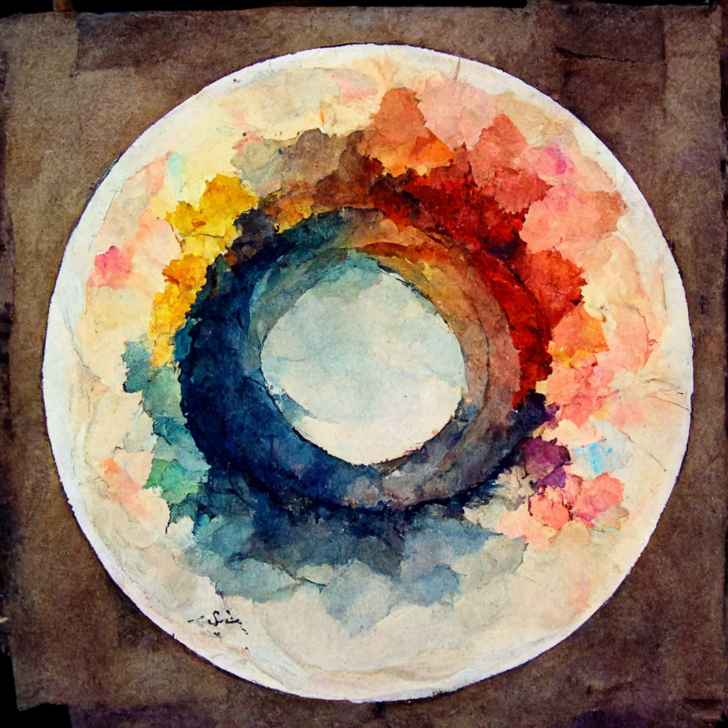 A circular canvas hanging on a brown wall. The canvas is full of various splotches of blue, yellow, red, orange, green, and purple, that go from light on the outside to darker in the middle, before forming a lighter center. It gives it a sense of depth.