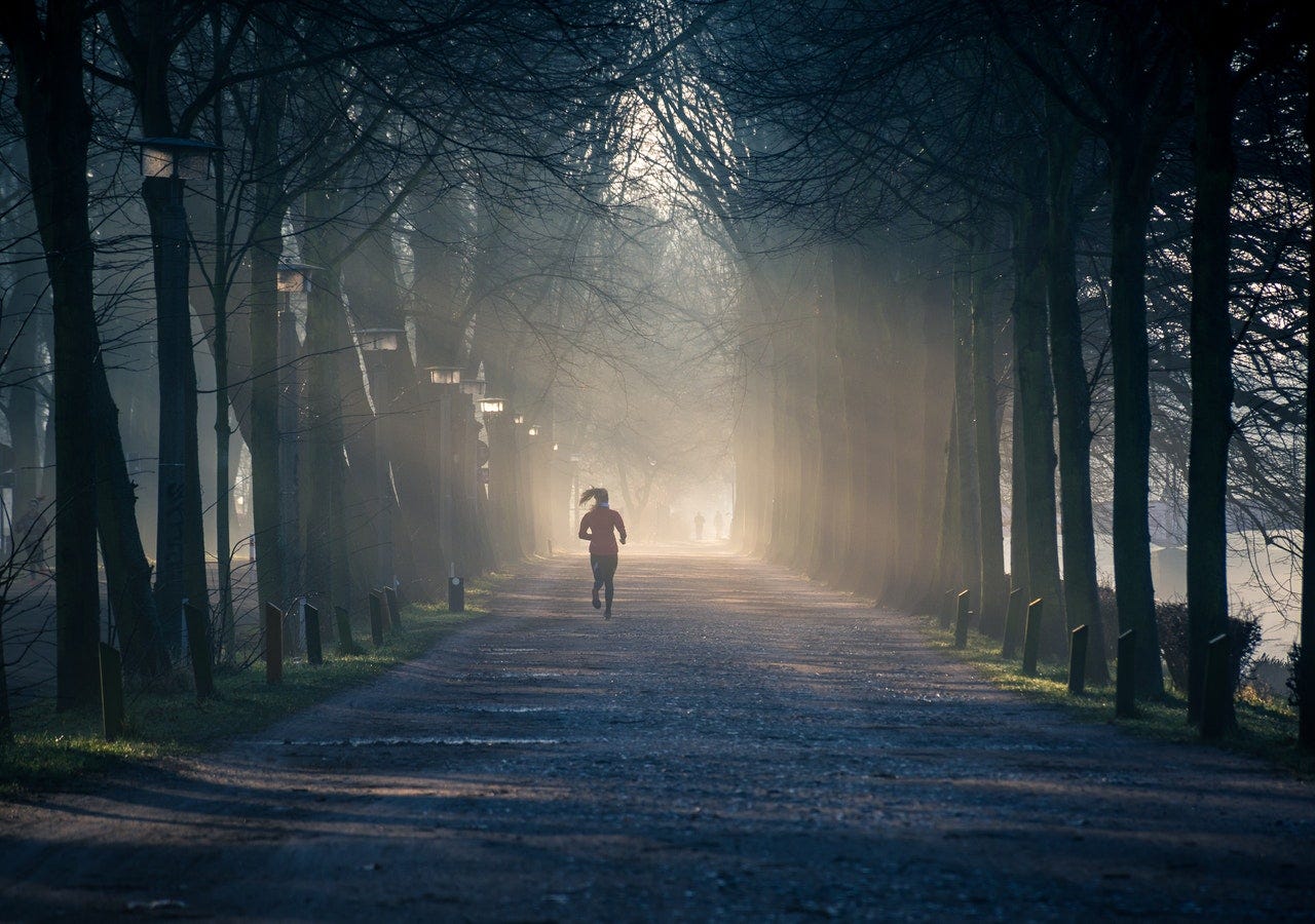 A person in cold weather outerwear, runs down a tree lined gravel path with lampposts, the sun breaking through glowing.
