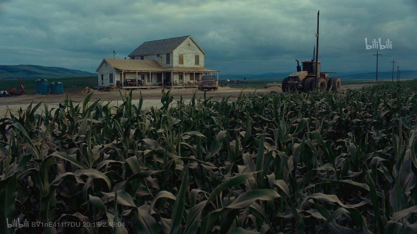 In this image is represented one scene of the film that shows corn around a house, one of the last surviving food sources.