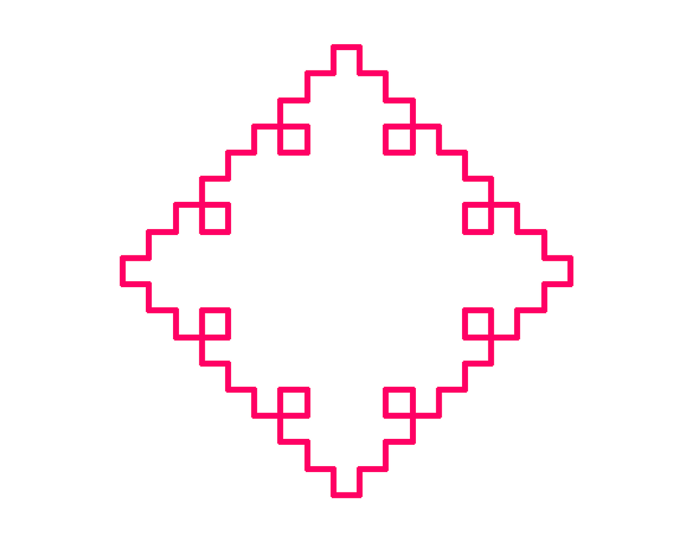 Infinite Regress: How To Really Understand It? — The same logic from before is applied once more to iteration 1 of the cross-stitch curve. The second iteration of the cross-stitch curve appears like diamond with 8 square holes, 2 touching each of the diamond’s sides.