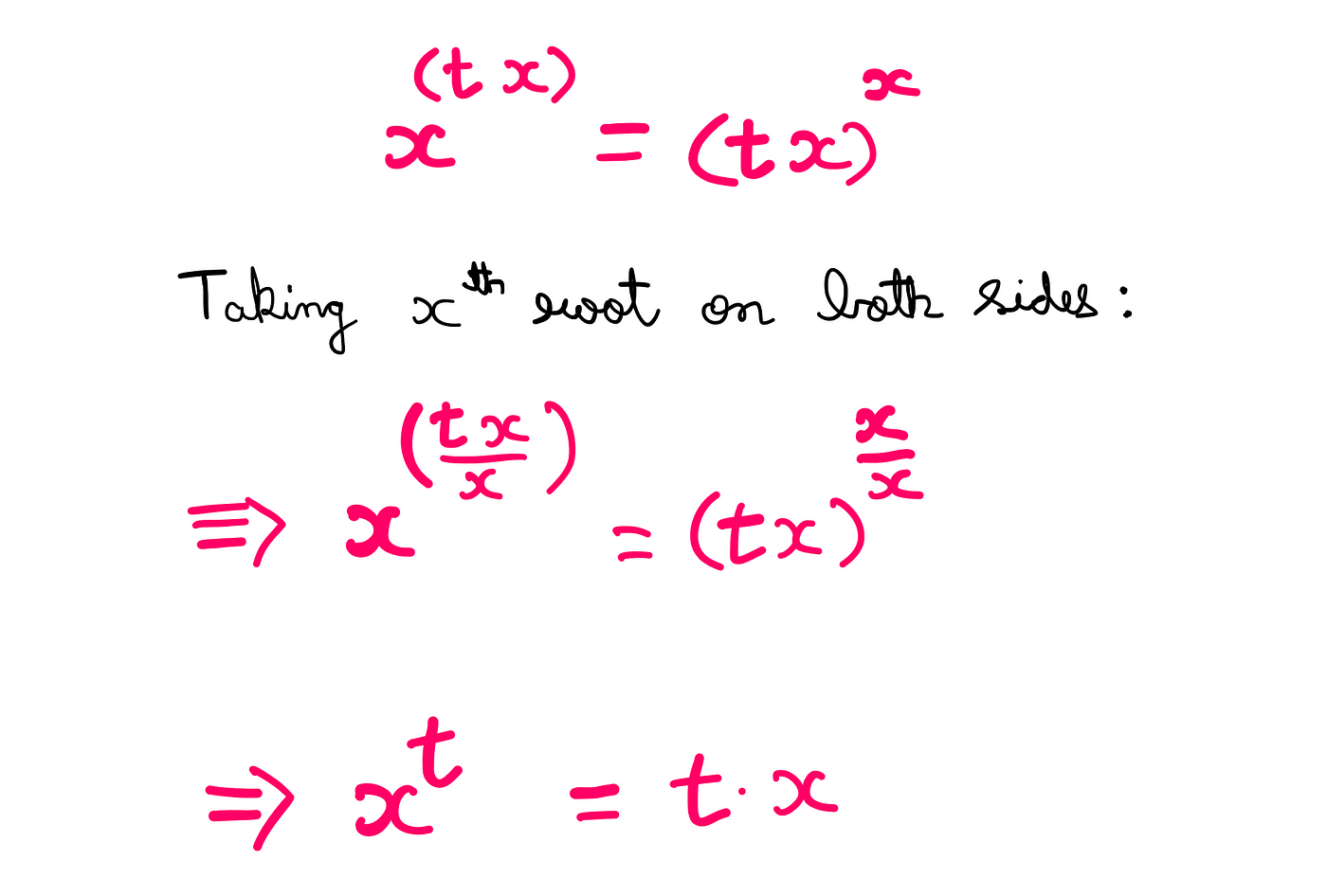 How To Really Solve This Tricky Algebra Problem? (III) — X^(tx) = (tx)^x; Taking x-th root on both sides: x^(tx/x) = (tx)^(x/x); x^(t) = tx