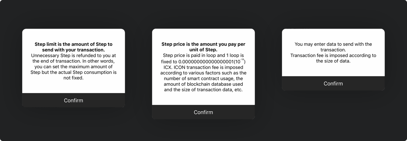 The information dialogs for Step Limit, Step Price, and Data.