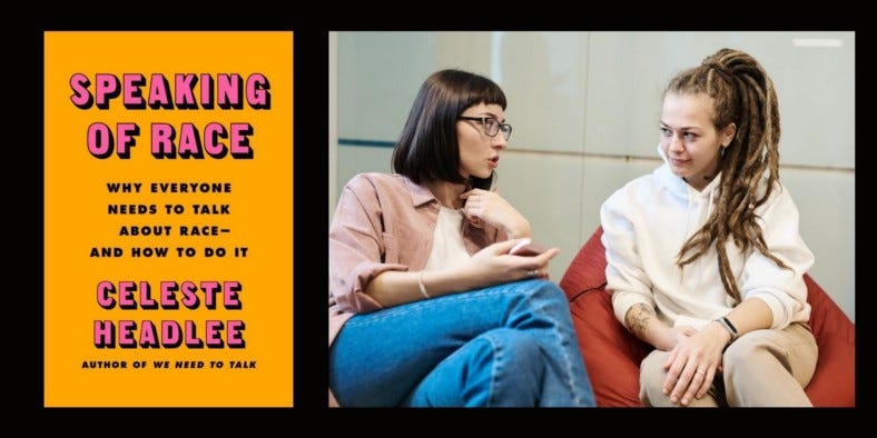 Collage of cover of the book speaking of race and two women talking