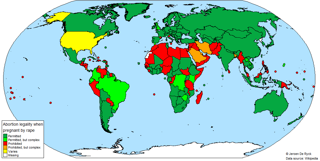 World map of the legality of abortion if the pregnancy was caused by rape
