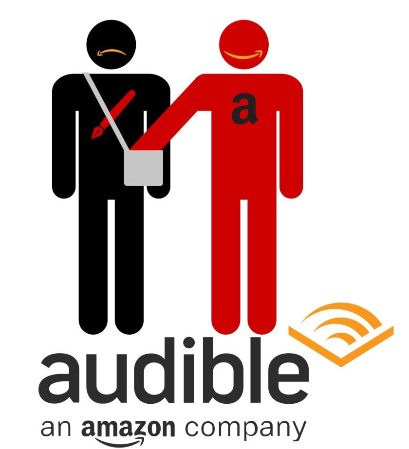 An anti-pickpocketing graphic featuring a stick figure reaching into an adjacent stick-figure’s shoulder-bag. The robber’s chest is emblazoned with an Amazon ‘a’ logo. The victim’s chest is emblazoned with an icon of a fountain-pen. The robber’s face has an Amazon ‘smile’ logo. The victim’s face has an inverted Amazon ‘smile’ logo (and is thus frowning). Beneath these two figures is a wordmark reading ‘Audible: Am Amazon Company.’