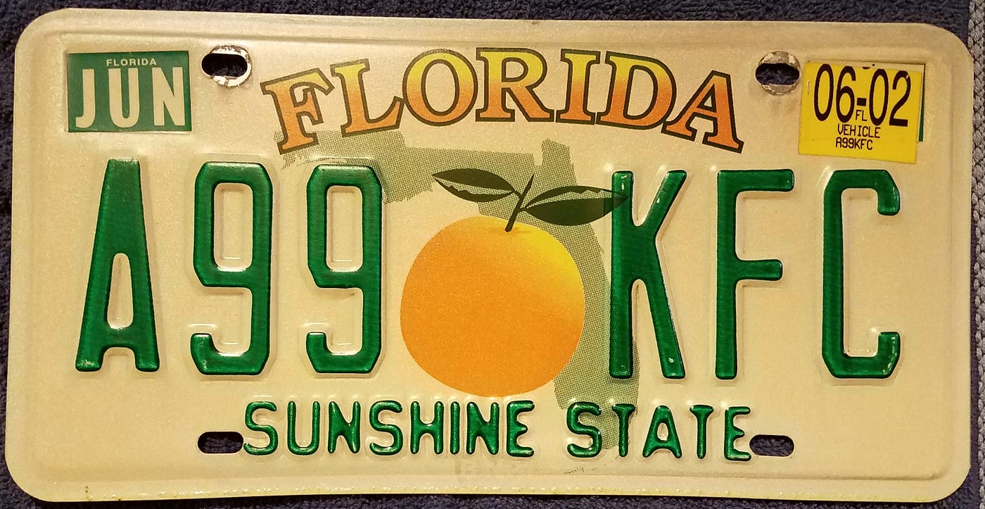 Florida license plate stickers. Almost anywhere in the world, cars and… |  by SW | Medium