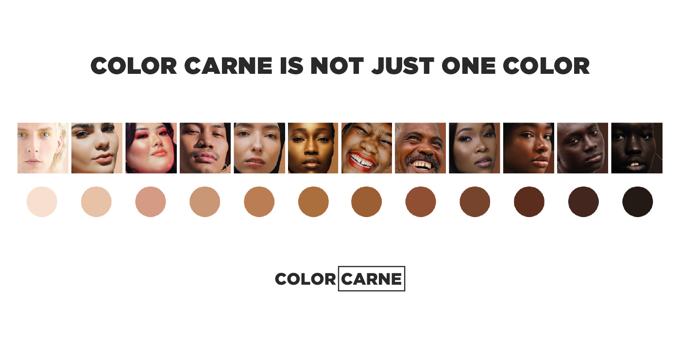 “”Color Carne” is not just one color” manifesto. Photo of 12 people with different skin tones colors.