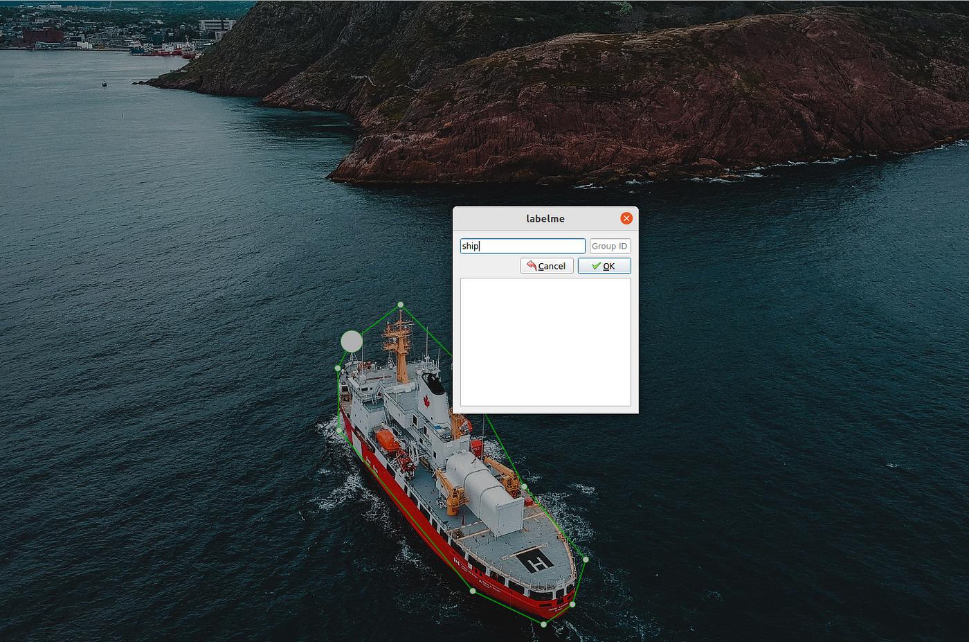 We are using labelme (https://github.com/wkentaro/labelme) polygon annotation to label the ship in the image. (Image Source: Erik Mclean from Pexels)