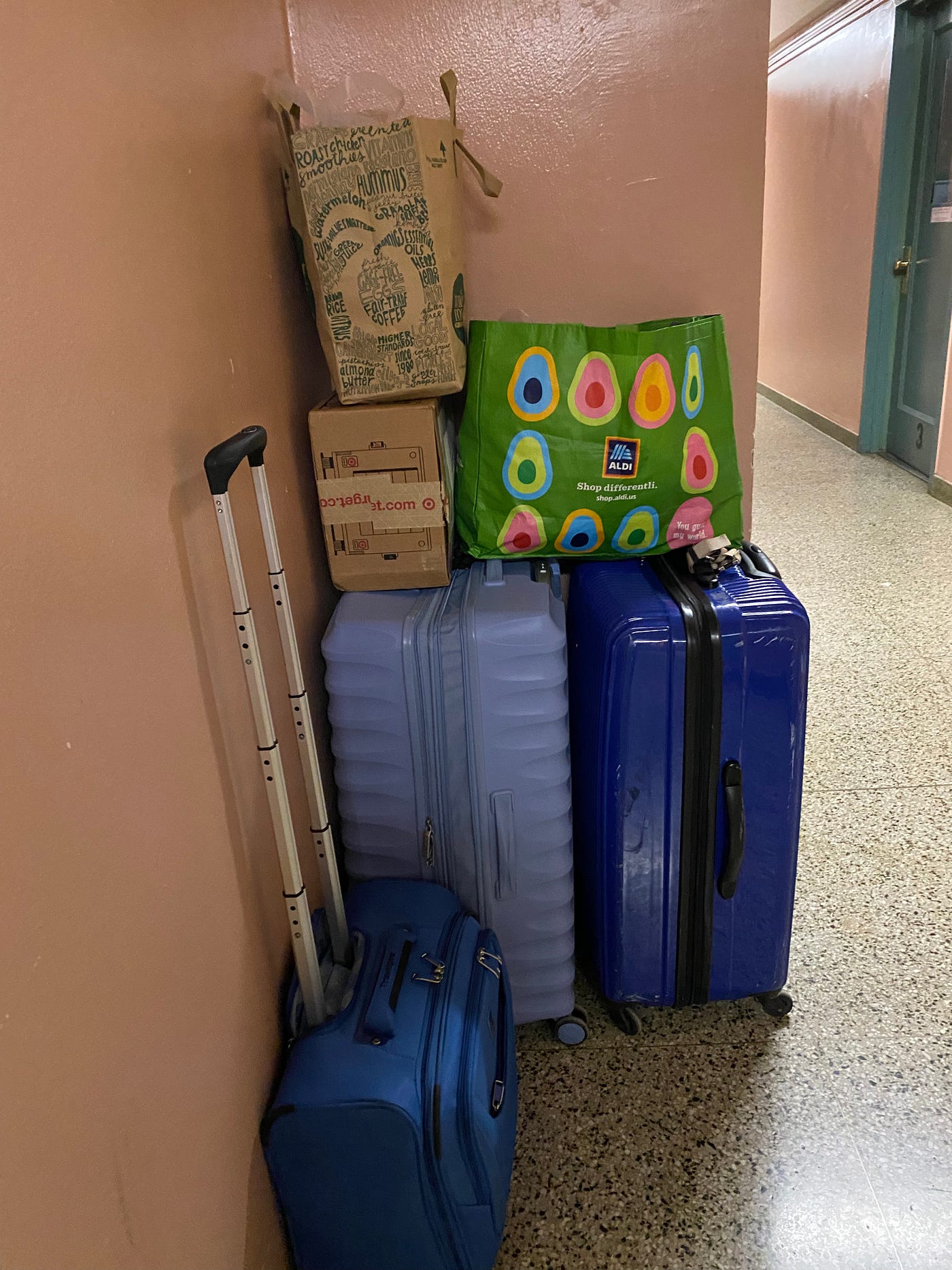 Pre-war NYC apartment building hallway with two huge blue suitcases and one small blue cabin bag against the wall with more boxes, paper bags, and a green Aldi shopping bag with colorful avocados on it