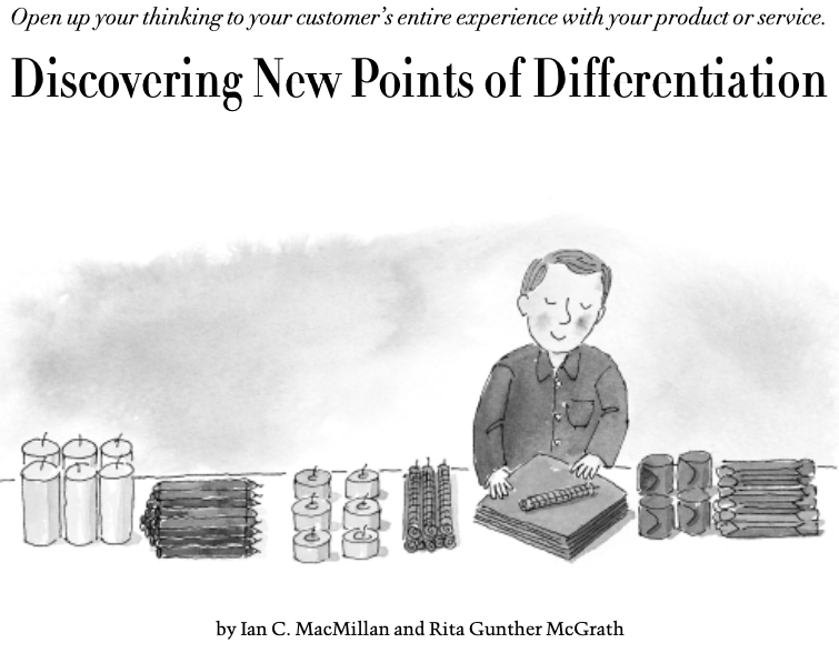 A screenshot of an illustration from the article Discovering New Points of Differentiation where a customer is looking at a table with neatly organzied products.