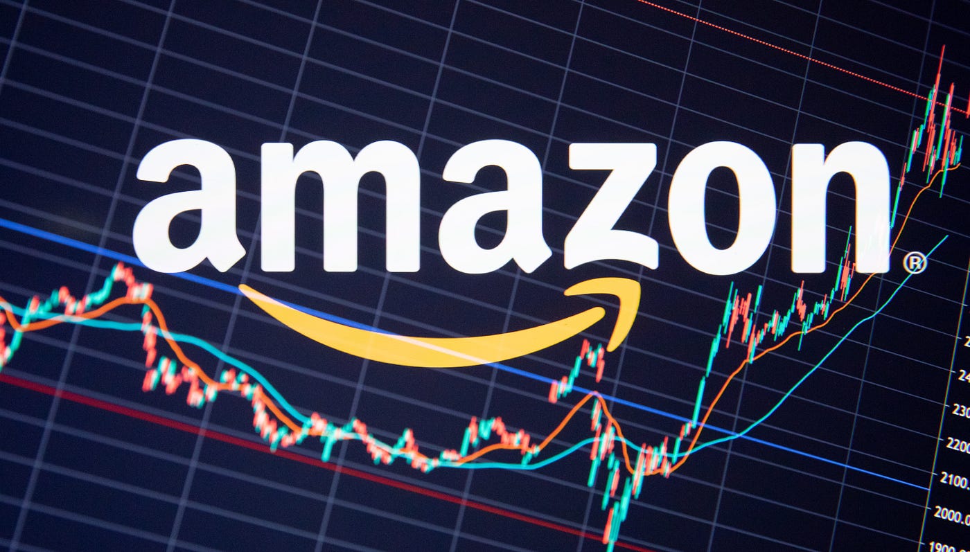 Multiple exposure photo of the Amazon logo juxtaposed over a generic stock chart.