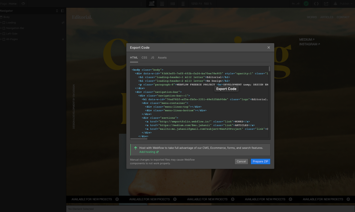 Shows the export code section in Webflow