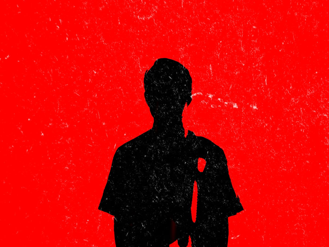 An illustration of a black silhouette of a young man against a bright red background.