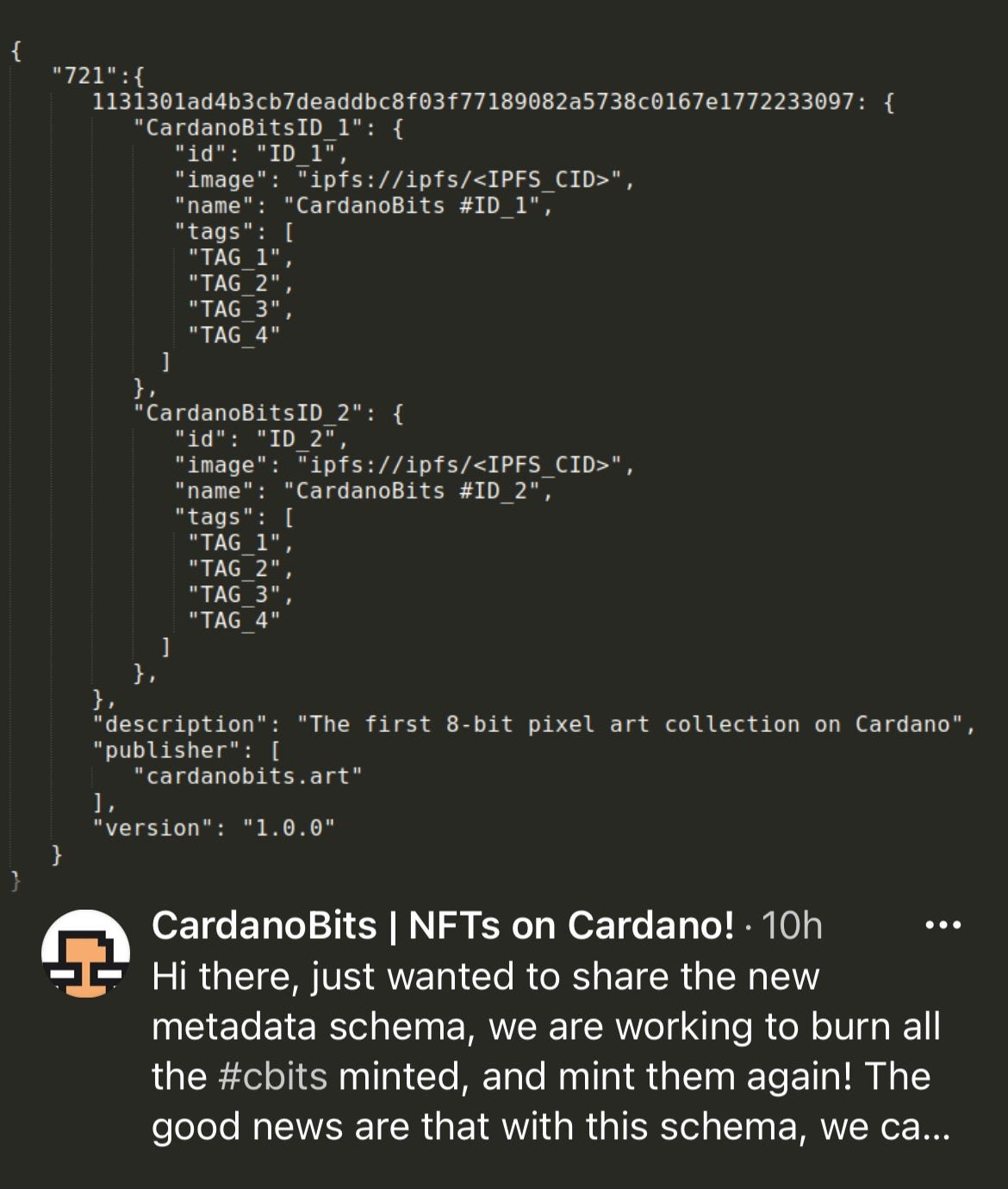 CardanoBits Tweet with detailed metadata information, adhering to the proposed “721" standard label