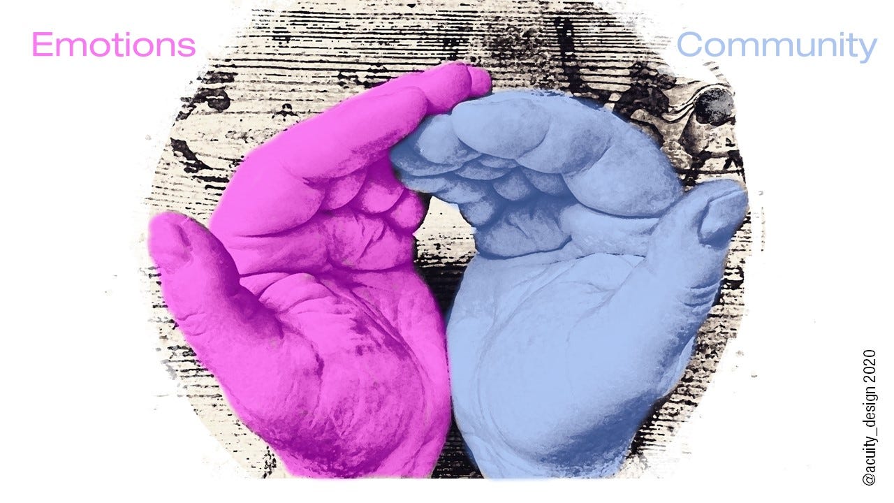 Hands recoloured: pink as emotion, blue as community