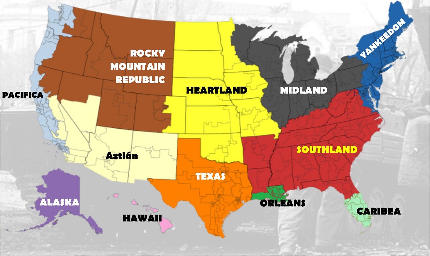 A map of the USA, re-imagined as 12 nations.