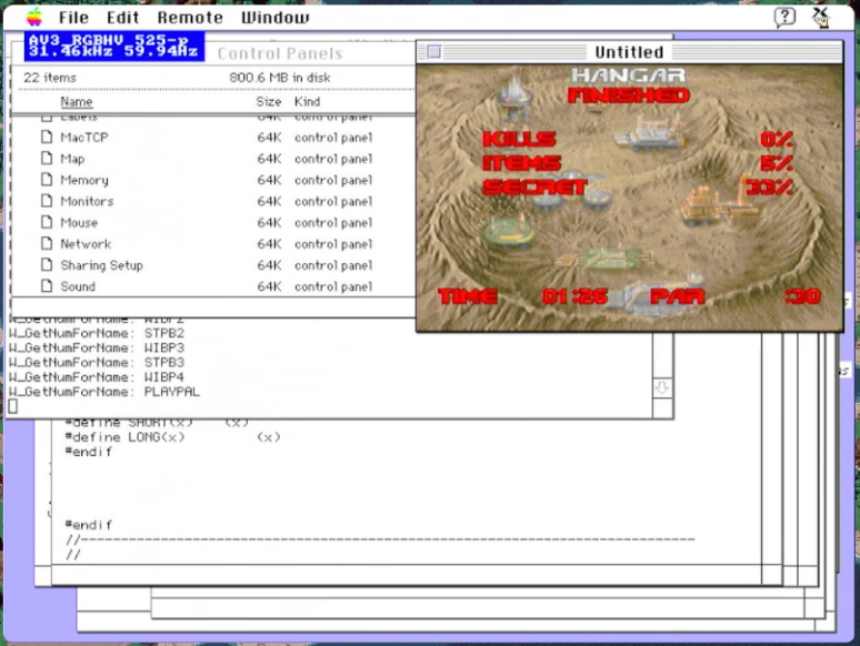 Screenshot of a Mac running A/UX with a level completed in Doom.