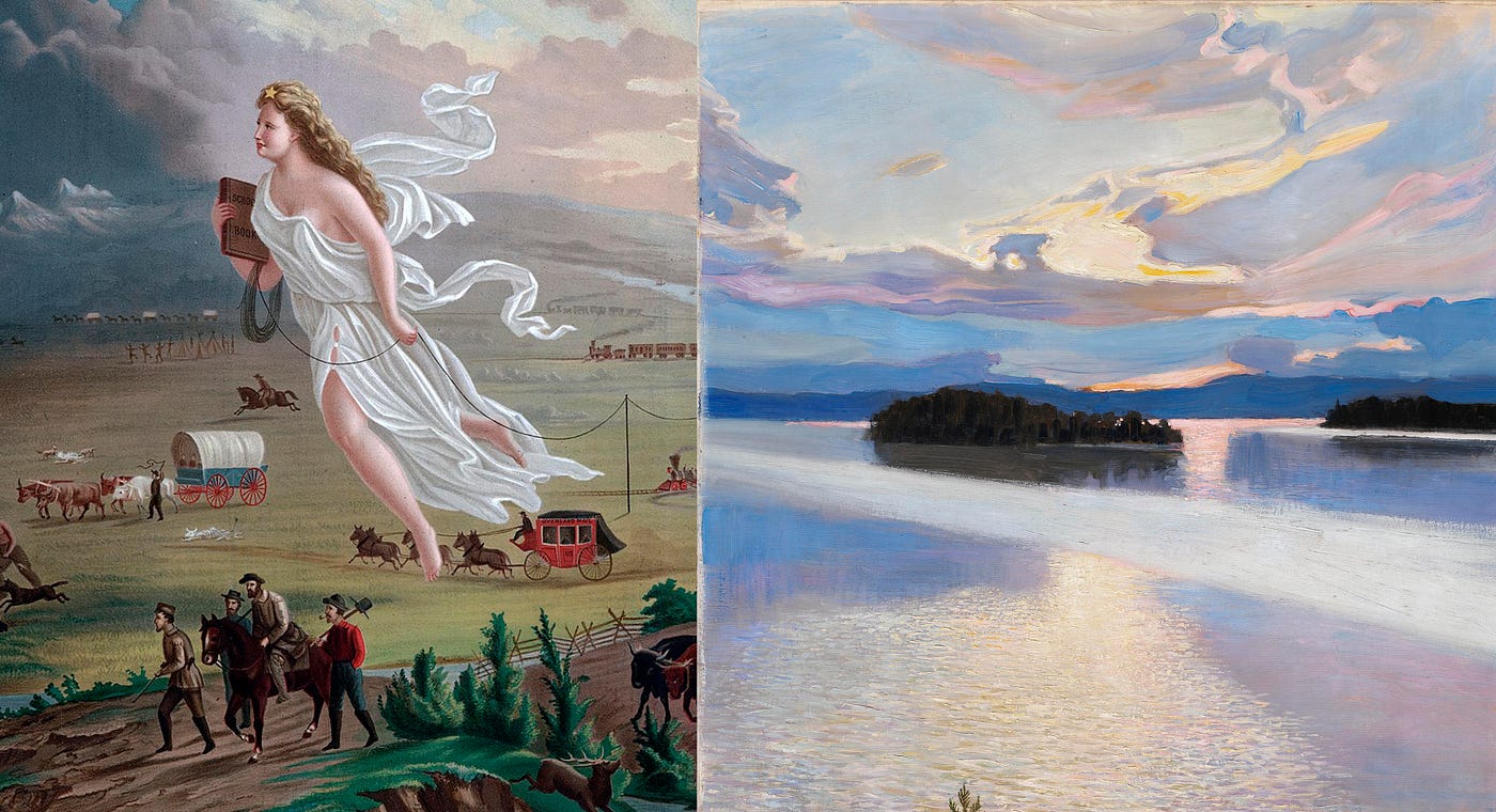 Details from John Gast’s “American Progress” and Akseli Gallen-Kallela’s painting of a lake.