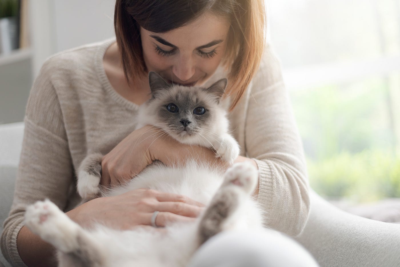Woman snuggling a cat on her lap