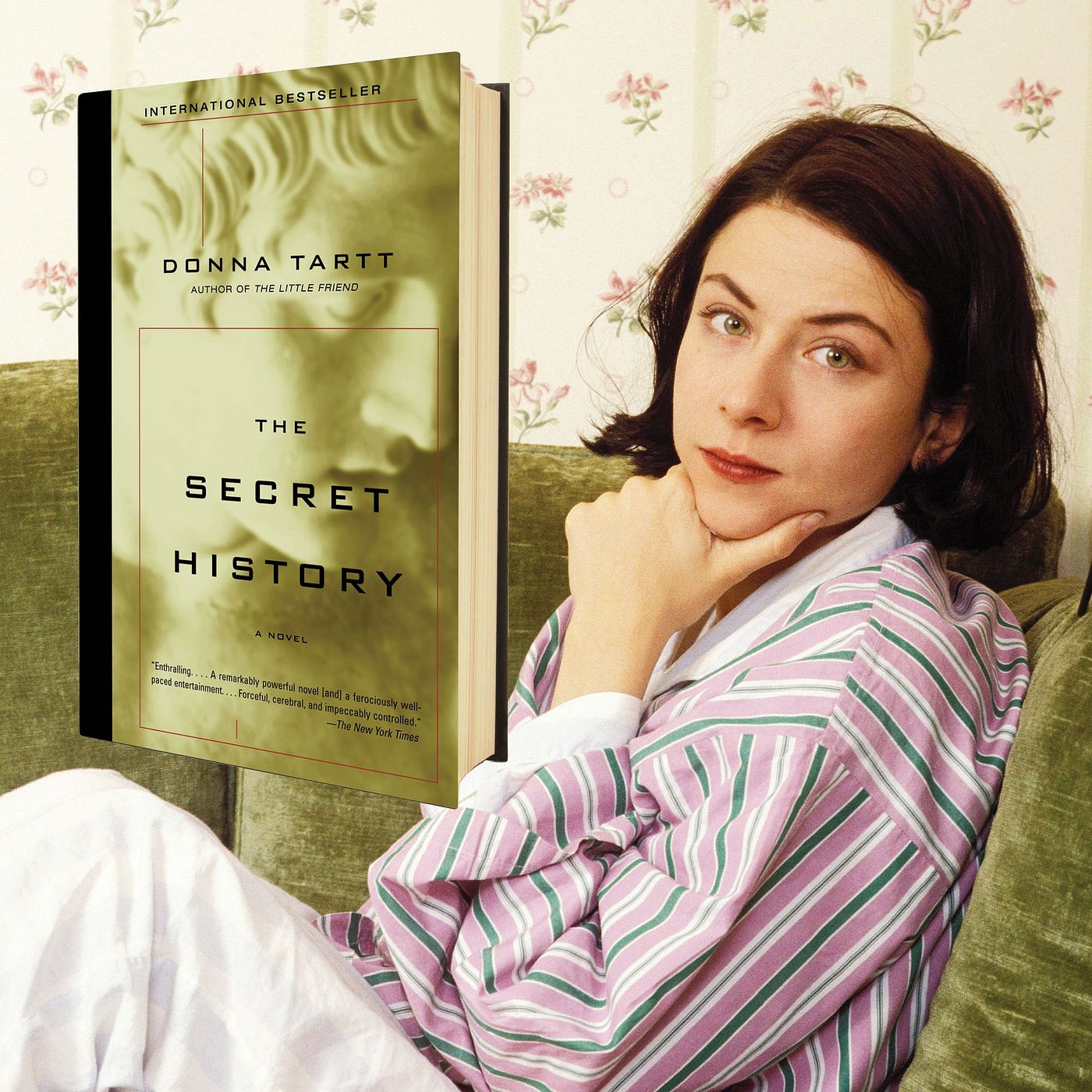 Donna Tartt lying on a couch and her book, “The Secret History”