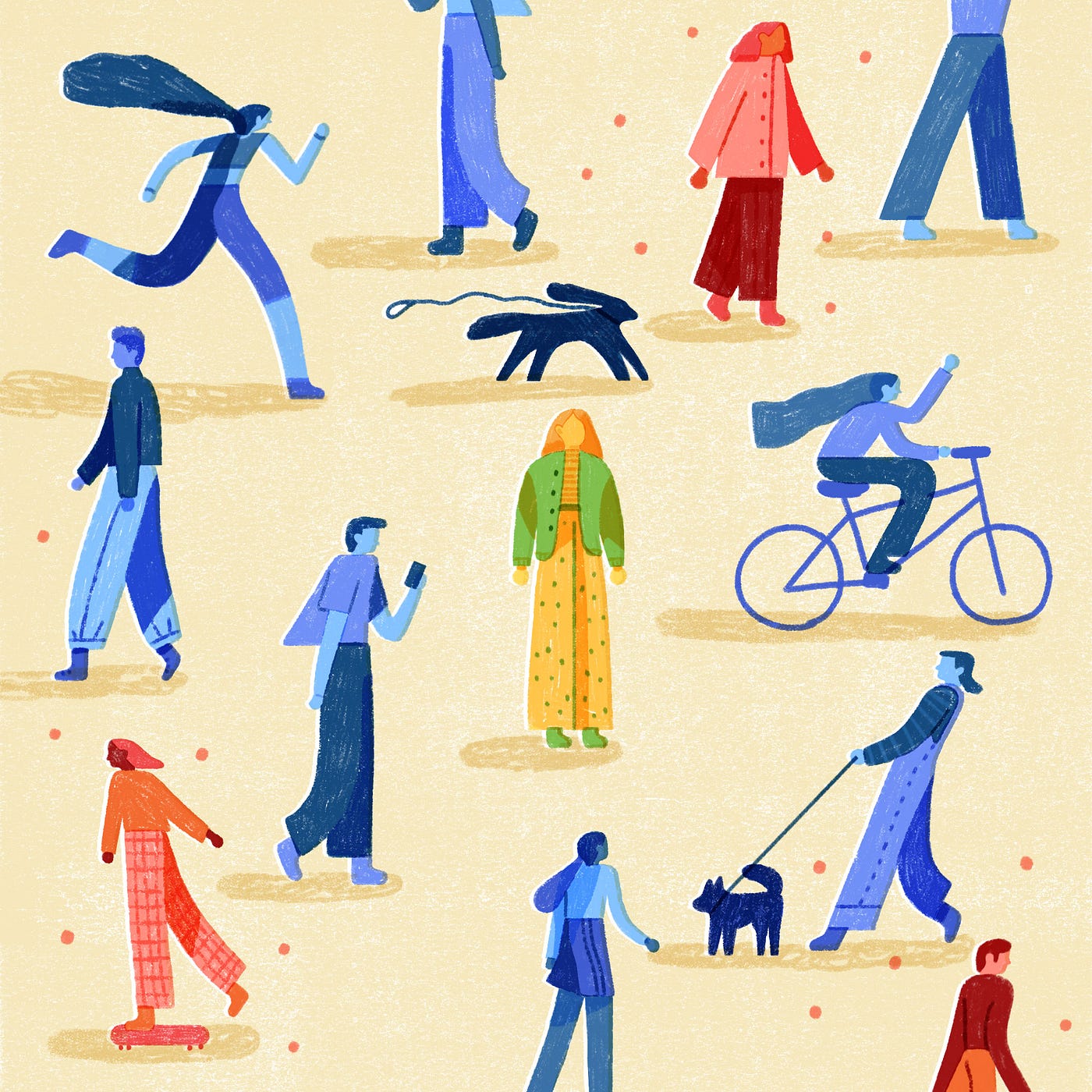 Colorful illustration of people outside in public.