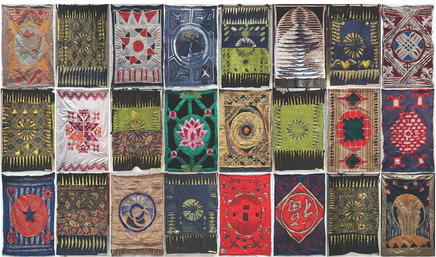 Prototype tent panels that have 24 different designs