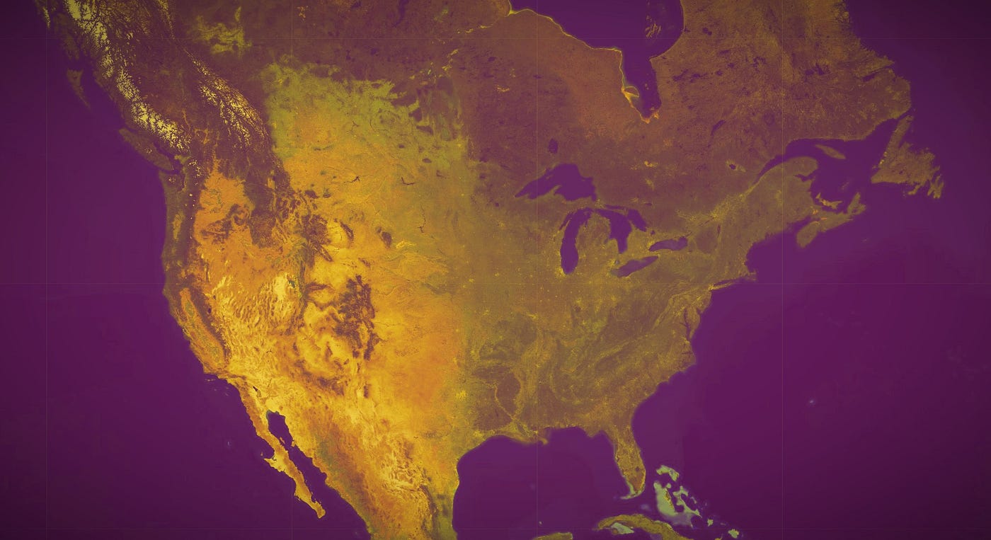 A satellite Google Earth view of the North American continent.
