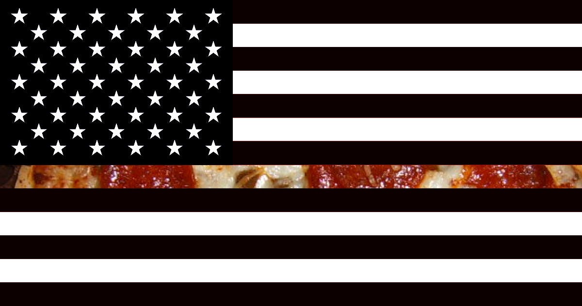 A ‘thin blue line’ flag but instead of a blue line, you can see the top of a greasy pepperoni pizza.Image: Zack Middleton (modified) CC BY-SA 2.0 https://creativecommons.org/licenses/by-sa/2.0/