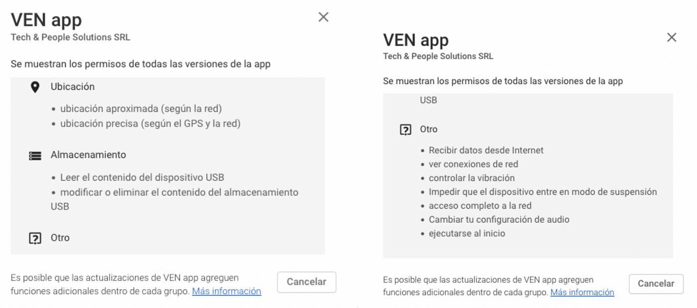 Permisos solicitados por VENapp (Parte II)