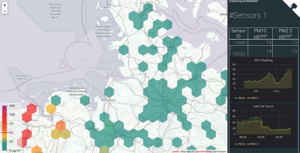 Screenshot of a map with several  colored hexagons representing data from air sensors.