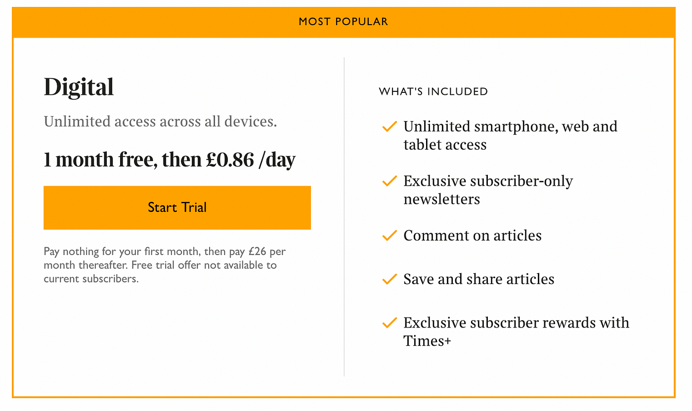 A subscription which shows the subscription fee for digital newspapers. It shows whats included, then the price that it is framed as £0.86p per day