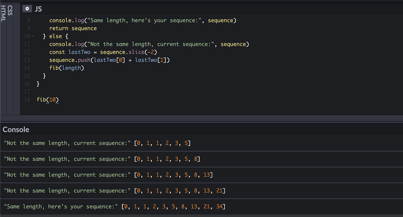 Practicing recursion in JavaScript by returning the Fibonacci Sequence ...